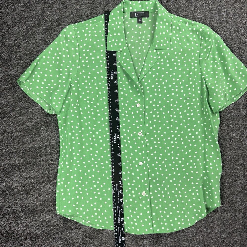 AYR Women’s Size S Polka Dot Short Sleeve Button Up Blouse Green Silk Blend - Picture 6 of 12